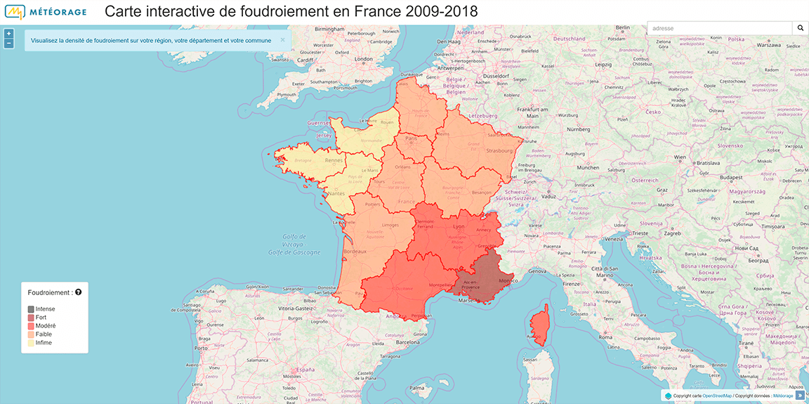 Carte interactive de foudroiement en France