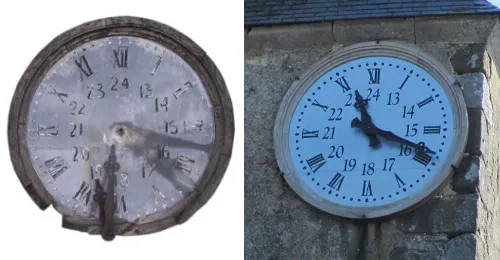 Avant / Après restauration de l'horloge de l'Eglise de Vivoin